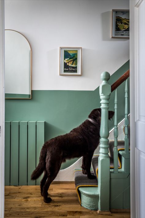 Hallway Dark Woodwork, Two Tone Staircase Wall, Painted Wooden Bannister Ideas, Hallway Painted Woodwork, Victorian Terrace Stairs, Painted Spindles On Stairs, Bannister Ideas Painted, Two Tone Hallway, Teal Hallway