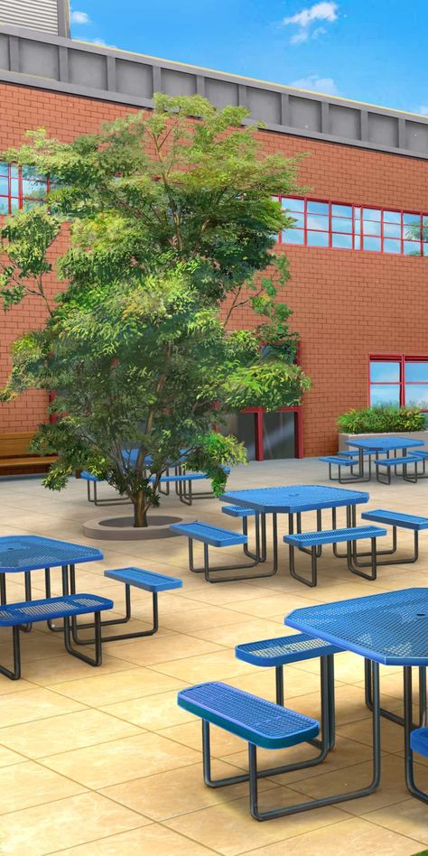 Outdoor School Cafeteria, Outdoor Cafeteria School, Aesthetic School Cafeteria, Episode Backgrounds School, High School Cafeteria Aesthetic, Korean School Cafeteria, Aesthetic School Exterior, Cafeteria Design School, School Campus Aesthetic