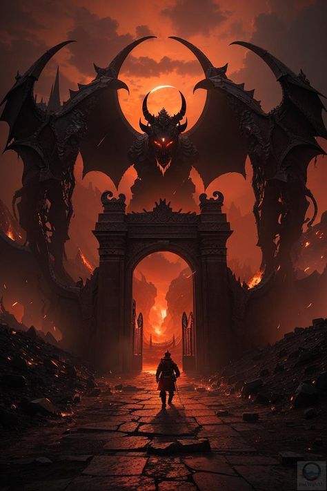 Dragon’s Gate "He knew the risks, but he had no choice. He had to face the dragon’s gate, or die trying." Fantasy Gate, Landscapes Reference, I Ruined It, Apocalypse Landscape, House Of Memories, Jungle Photography, Castle Gate, Gates Of Hell, Highway To Hell