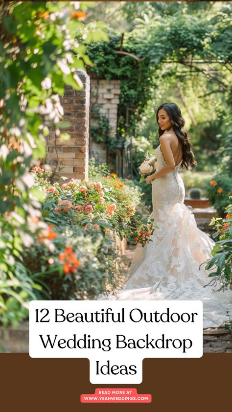 A stunning bride in a full-length wedding dress stands against a beautiful outdoor backdrop featuring lush gardens, flowers, and greenery, highlighting ideas for perfect wedding settings. Fabric Wedding Backdrop Outdoor Ceremony, Photo Wall Wedding Backdrop Zazzle, Big Bulb String Lights, Tree Teepee, Wedding Neon Sign Backdrop Wood, Giant Flower Wedding Backdrop, Outdoor Wedding Backdrops, Grass Backdrops, Fake Candles