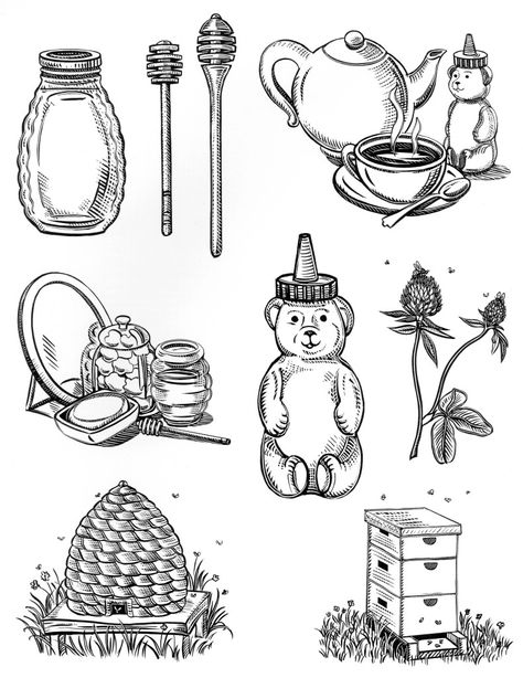 Honey Bear Bottle, Bee Drawing, Bottle Tattoo, Honey Packaging, Theme Tattoo, Bear Tattoo, Copper Jewelry Handmade, Drawing Clipart, Bee Tattoo