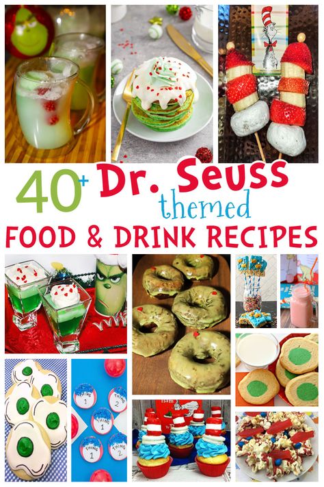 Happy Birthday to our favorite children's book author, Dr. Seuss! Celebrate by making one of these creative recipes inspired by Dr. Seuss books and the fun characters he created. Dr Seuss Drinks, Dr Seuss Recipes, Dr Seuss Food, Dr Seuss Treats, September Food, Dr Seuss Snacks, Seuss Cupcakes, Dr Seuss Birthday Party Ideas, Dr Seuss Cake