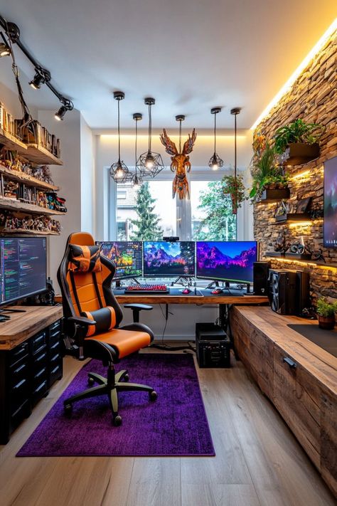 Mens Game Room Ideas, Bedroom With Gaming Setup, Gaming Room Interior Design, Gaming Room Interior, Gaming Nook, Tech Home Office, Gaming Room Setup Ideas, Game Room Lighting, Games Room Inspiration