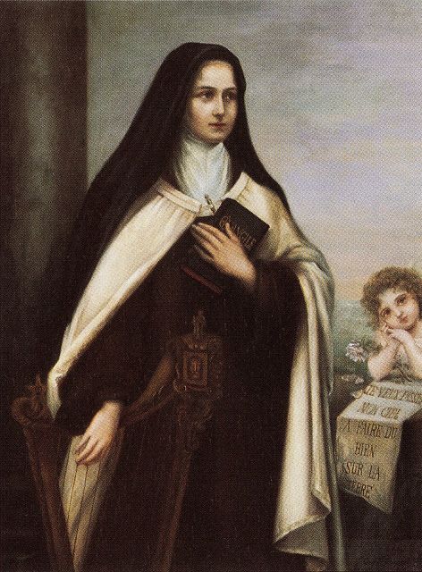 St. Thérèse of the Child Jesus and the Holy Face - Portrait by her sister Celine (Sister Genevieve) commissioned in 1907 European postcard Symbolism of harp: song of her heart as she poured out her life in prayer and sacrifice Carmelite Saints, Saint Teresa Of Avila, St Teresa, Saint Teresa, St Therese Of Lisieux, 19th Century Paintings, Thérèse Of Lisieux, St Therese, Child Jesus