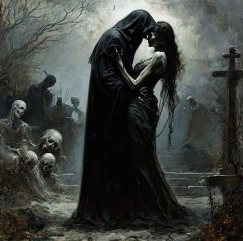 Dark Fantasy Romance Aesthetic, Dark Edgy Pfp, Goth Romance Art, Dark Love Artwork Beautiful, Vampire And Human Love Art, Vintage Gothic Romance Art, Gothic Romance Aesthetic, The Lovers Gothic Tarot, Fantasy Romance Art