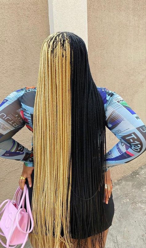 Color Combos For Knotless Braids, 2 Tone Box Braids, 2 Color Braids For Black Women, Half Colour Braids, Black Women Colored Braids, Split Color Knotless Braids, Olive Green Box Braids, Half And Half Color Braids, Knotless Box Braids Medium Color Combo