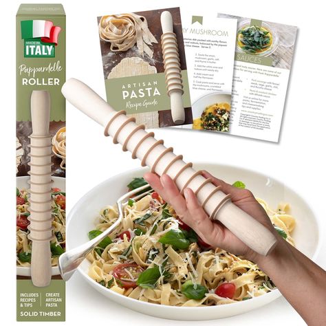 Wooden Pasta Cutter Pappardelle Pasta Maker Rolling Pin Made in Italy with Pasta Recipes : Amazon.ca: Home Noodle Sauces, Pasta Making Recipes, Ribbon Pasta, Diy Pasta, Fresh Pasta Dough, Pappardelle Pasta, Pasta Making, Pasta Roller, Handmade Pasta