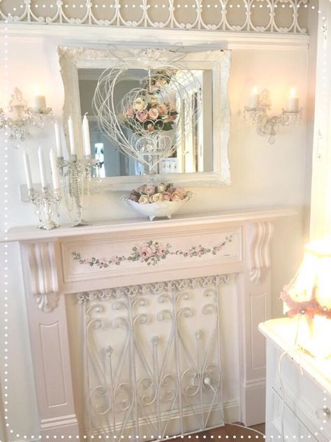 Shabby Chic Fireplace Ideas, Girly Fireplace Decor, Bedroom Mantle, Shabby Chic Fireplace Mantle, Pink Fireplace Mantle, Diy Faux Vintage Fireplace, French Coubtry Fireplace, Rococo Fireplace, Shabi Chic