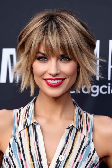 Shaggy Layered Bobs With Bangs, Shag Hairstyles 80s, Short Brown Bob With Bangs, Short Textured Bob With Bangs, Bob With Bangs Wavy, Shaggy Short Hair Straight, Short Lob With Bangs, Short Layered Hairstyles With Bangs, Shag Hair With Bangs