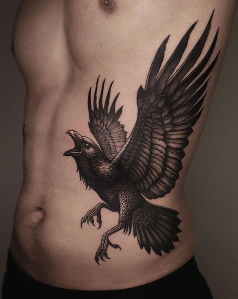 Fierce Bird Tattoo, Yatagarasu Tattoo, Crow Tattoo Ideas, Half Chest Tattoo, Black Crow Tattoos, Raven Tattoos, Bald Eagle Tattoos, Rib Tattoos For Guys, Crow Tattoo Design