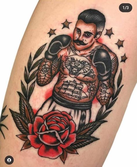 Strong Man Tattoo Traditional, Boxing Traditional Tattoo, Boxer American Traditional Tattoo, Funny Old School Tattoo, Boxing Man Tattoo, Traditional Fighter Tattoo, American Traditional Boxer, Old School Boxer Tattoo, Luchador Tattoo