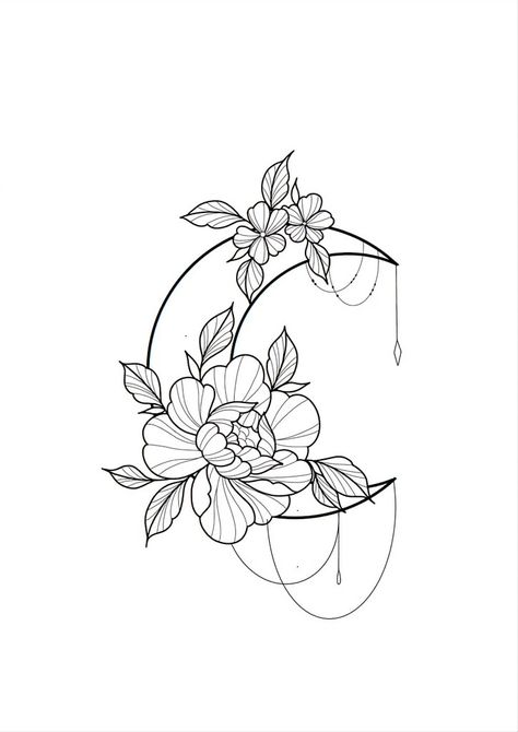 Moon And Peony Tattoo, Succulent Tattoo Design, Line Work Tattoo Design Drawings, Moon With Flowers Drawing, Hummingbird Flower Tattoos, Shoulder Cap Tattoo, Minimal Tattoo Design, Beautiful Flower Tattoos, Moon Tattoo Designs