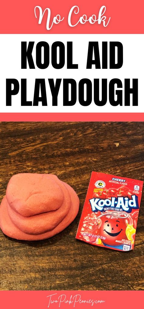 Image with text that says, "No Cook Kool Aid Playdough" and an image of red kool aid playdough and a packet of cherry kool aid below it. Playdough Recipes No Cook, Kool Aid Science Experiment, Things To Do With Kool Aid, Koolaid Playdough No Cook, Diy Playdough No Cook, Smell Activities Preschool, Koolaid Playdough Recipe, Prek Experiments, Kool Aid Playdough Recipe