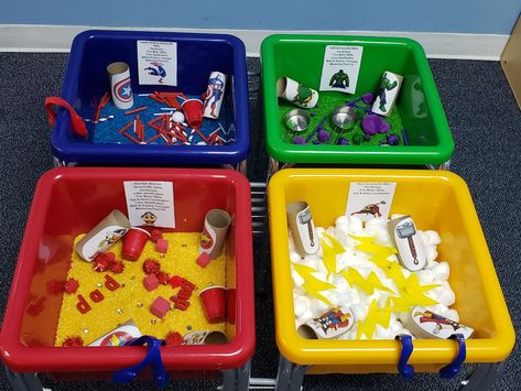 Super Hero Sensory Bins Superhero Games For Preschool, Superhero Sensory Bin Preschool, Super Hero Sensory Bins, Super Hero Activities For Toddlers, Superhero Sensory Bin, Super Hero Activities Preschool, Superhero Sensory, Superhero Lesson Plans, Superhero Lessons