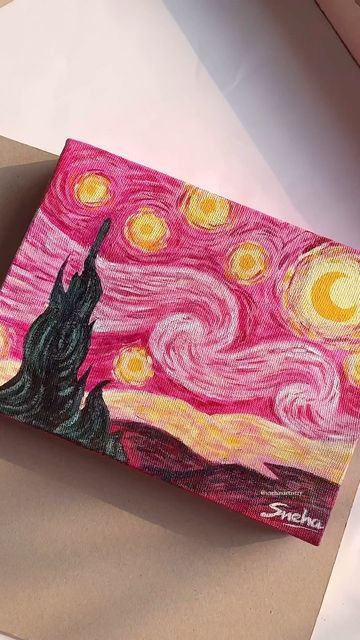 Sneha♡ on Instagram: "Starry Night (pink version)💖 posting this one now which I painted months ago idk why I didn’t post it back then😭 #starrynight #starrynightvangogh #vangoghinspired #art #explore #aesthetics" Seni Pastel, Arte Van Gogh, Simple Canvas Paintings, Cute Canvas Paintings, Easy Canvas Art, Canvas Painting Designs, Seni Cat Air, Cute Paintings, Small Canvas Art