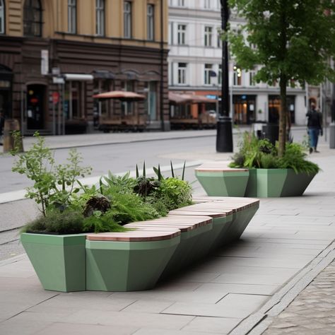 Benches With Planters, Bench Design Public, Urban Planters, Building Columns, Wood Benches, Planter Bench, Urban Design Graphics, Landscape Architecture Drawing, Urban Landscape Design