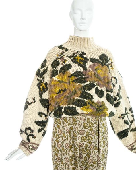 For Sale on 1stdibs - Jean Paul Gaultier; knitted wool ensemble. - Oversized knitted cream sweater with floral tapestry style pattern - High waisted stirrup pants with elastic Gang Outfits, Ice Armor, Wool Clothes, Stirrup Pants, Snow Gloves, Concept Clothing, Neck Accessories, Floral Sweater, Floral Tapestry