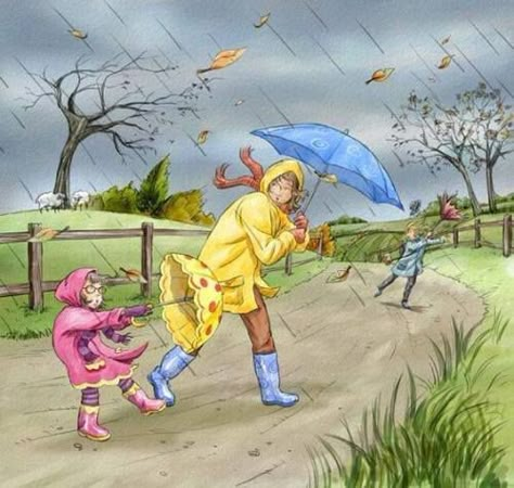 Picture Comprehension, Playing In The Rain, Picture Composition, Rain Art, Picture Writing Prompts, Picture Prompts, Umbrella Art, Picture Description, Singing In The Rain