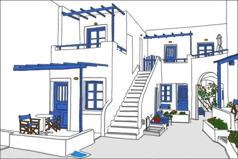 Grecian House Exterior, Santorini House Plan, Greek House Floor Plan, Santorini Inspired House, Greek House Bloxburg, Greek Homes Exterior, Greek House Exterior, Santorini House Design, Santorini Buildings