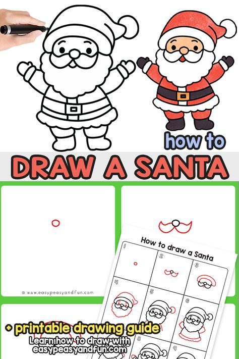 How to Draw a Santa Step by Step Tutorial Santa Directed Drawing, Easy Santa Drawing, Santa Claus Drawing Easy, Santa Drawing, Draw Santa, Santa Claus Drawing, Screen Printing Projects, How To Draw Santa, Directed Drawing