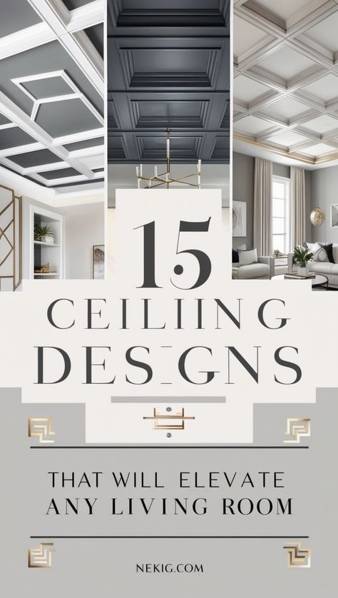 Explore 15 creative ceiling designs for your living room! From rustic beams to sleek finishes, find inspiration for your home makeover. #LivingRoomInspo #CeilingIdeas #InteriorDesignTrends #HomeDecor Modern Ceiling Treatments, Lighted Tray Ceiling Ideas, Black Coffered Ceiling Ideas, Contemporary Vaulted Ceiling, Ceiling Styles Interior Design, Entryway Ceiling Ideas Foyers, Racked Ceiling Living Room, Panelled Ceiling Ideas, Black Coffered Ceiling