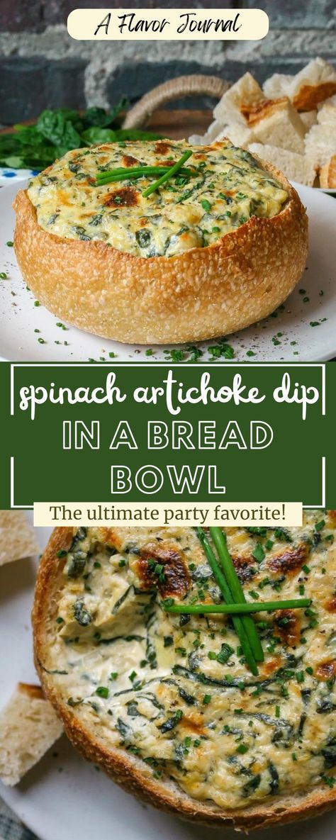 How to make spinach artichoke dip easy and delicious! This is  the perfect appetizer to kick off any party. The key here is to chop the spinach and artichokes into smaller pieces, so they distribute evenly throughout the dip. This guarantees a punch of flavor with every bite. Take my gourmet approach by broiling it in a bread bowl, for a beautiful presentation to impress your guests! Spinach Dip Bread Bowl, Easy Spinach Artichoke Dip, Bread Bowl Dip, Healthy Spinach Artichoke Dip, Best Spinach Dip, Artichoke Dip Easy, Spinach Dip Easy, Spinach Artichoke Dip Easy, Spinach Bread