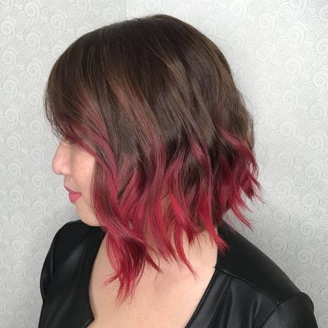 Short Brunette to Red Bottom Half Colored Hair, Brown Hair Colored Ends, Red Tips On Light Brown Hair, Fun Auburn Hair Color Ideas, Hair Color Fade Ombre, Light Brown And Burgundy Hair, Short Hair With Red Ends, Balayage Brown To Red, Short Layered Hair Color Ideas