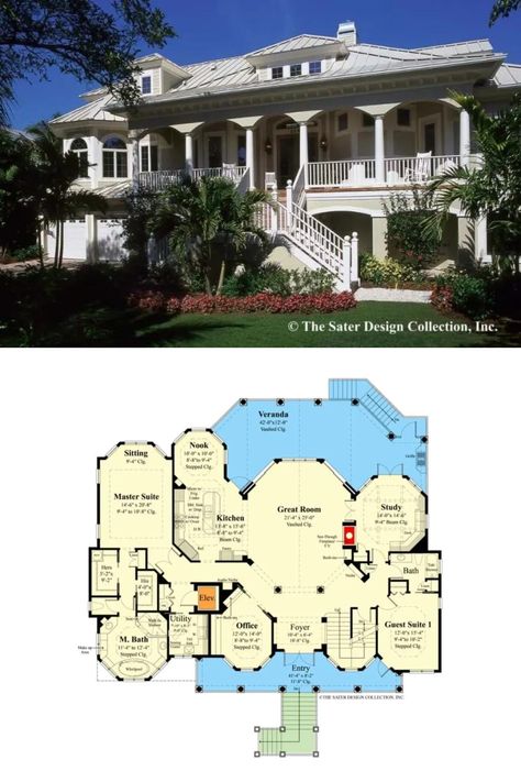 4,000 Sq Ft Southern 5-Bedroom Beach Home House Plan for a Sloped Lot with Elevator and Balcony Coastal Floor Plans, Beachside House, Balcony Floor, Coved Ceiling, Floor Plan Ideas, Balcony Flooring, Basement Floor Plans, Southern Traditional, Country Craftsman