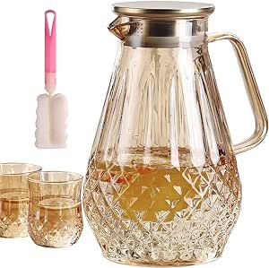 WONCRYS Borosilicate Glass Pitcher Set With Lid and 2 Cups, 68 oz Diamond Pattern, Stainless Steel Lid, Glass Kettle for Tea, Milk, Hot and Iced Beverages, Amber Color(2000 Milliliters) Saturday Dinner, Glass Kettle, Iced Beverages, Iced Tea Pitcher, Tea Pitcher, Tea Cafe, Pitcher Set, Tea Milk, Glass Jug