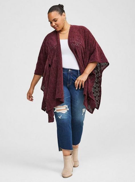 FIT Model is 5'10” wearing size 1. MATERIALS + CARE 50% polyester, 40% nylon, 10% spandex. Machine wash cold. Dry low or line dry. Imported. DETAILS Open front. Wide sleeves. Belt detail. The best plus size women's belted ruana capes ponchos & ruanas in wine made of polyester. Rock your look from Torrid to Festivals like Coachella and Lollapalooza, a concert, a show, or just for fun! Torrid is your destination for cozy fall and winter clothes to keep you warm and comfortable. Unpolished Casual, Plus Size Cardigan, Plus Size Fall Fashion, Trendy Plus Size Fashion, New Street Style, Plus Size Fall, Plus Size Winter, Shoes For Leggings, Swimming Outfit