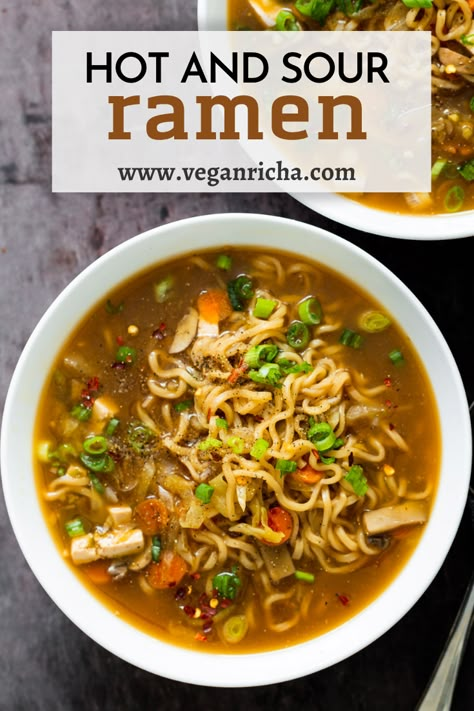 For a hearty Chinese restaurant-style meal full of veggies and tofu try my Vegan Hot and Sour Soup with Ramen! The perfect Asian-inspired comfort food that’s ready in under 30 minutes! Hot And Sour Soup Recipe Authentic, Vegan Hot And Sour Soup, Hot And Sour Soup Recipe, Glass Noodles Recipe, Resep Vegan, Asian Soup Recipes, Asian Soups, Vegan Richa, Hot And Sour Soup