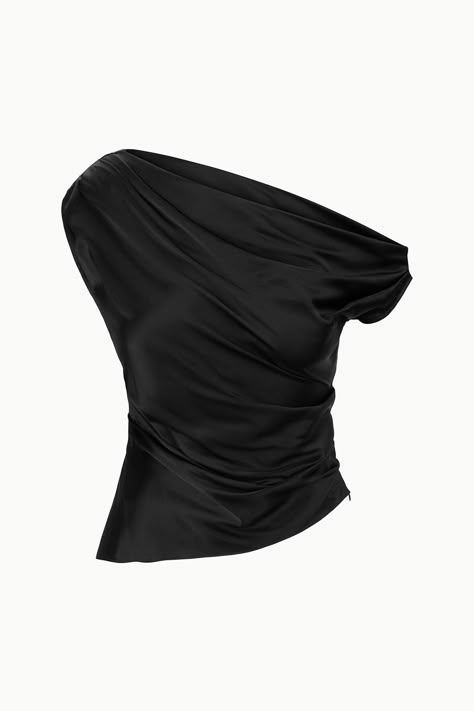 An off-the-shoulder top crafted from a silk satin fabric that offers some stretch for added ease. The Phare Top features a drapey yet fitted silhouette for any occasion. Off Shoulder Satin Top, Cute Satin Tops, Black Satin Outfit, Whiplash Marvel, One Shoulder Top Outfit, Building Closet, One Shoulder Black Top, Silk Top Outfit, Coffee Outfits