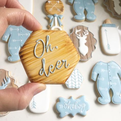 Oh Deer Cookies, Deer Baby Shower Boy, Baby Boy Cookies, Farm Cookies, Boys Food, Fox Farm, Hunting Baby, Deer Baby Showers, Baby Shower Theme Decorations