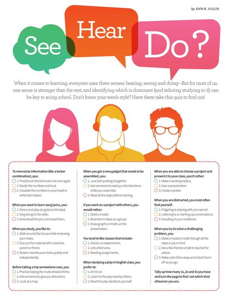 What Kind of Learning Style Works Best for Your Kid? - Raising Teens - March 2015 Learning Styles Survey, Learning Styles Activities, Parenting Styles Quiz, Learning Style Quiz, Learning Style Inventory, Christian Classroom, Types Of Learners, High School Activities, Best Study Tips