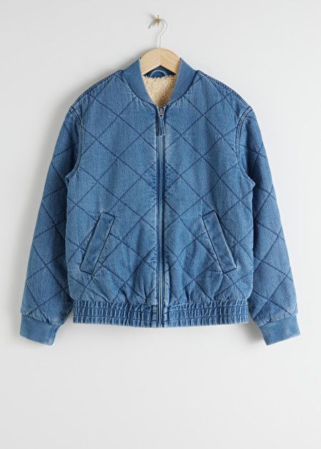 Padded Organic Cotton Denim Jacket - Mid Blue - Jackets - & Other Stories Quilted Denim Jacket, Quilted Denim, Stylish Blazer, Belted Jacket, Fall Jackets, Corduroy Jacket, Fashion Story, Faux Fur Jacket, Casual Denim