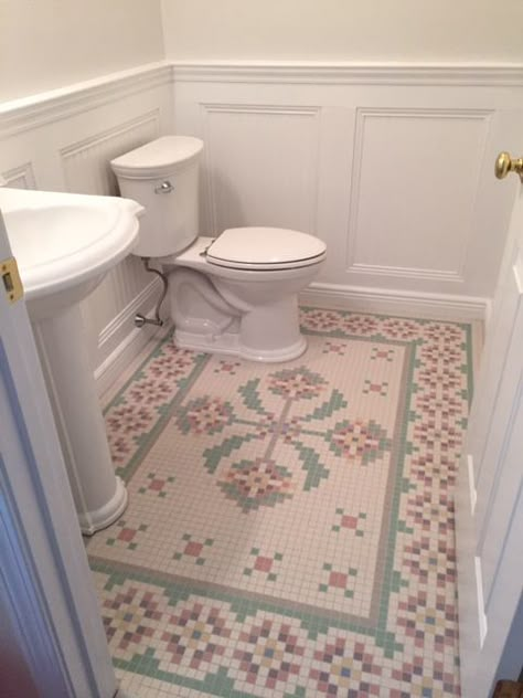 Bathroom Dado Tile, Quilt Tile Floor Bathroom, Pretty Tile Floor, Stamped Tile Floor, Vintage Mosaic Tile Floor, Cottage Tile Floor, Small Tile Floor, Laundry Room Floor Plans, Turn Of The Century Homes