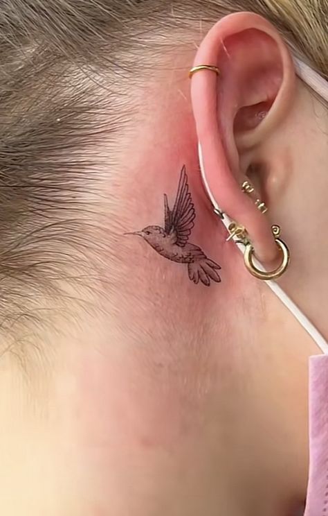 Behind Ear Tattoo Hummingbird, Hummingbird Tattoo Lower Back, Best Friend Behind The Ear Tattoos, Bird Tattoo On Neck Women, Behind The Ear Tattoo Ideas Hummingbird, Bird Tattoo Behind The Ear, Bird Ear Tattoo, Hummingbird Tattoo Ear, Small Tattoo Ideas Behind Ear