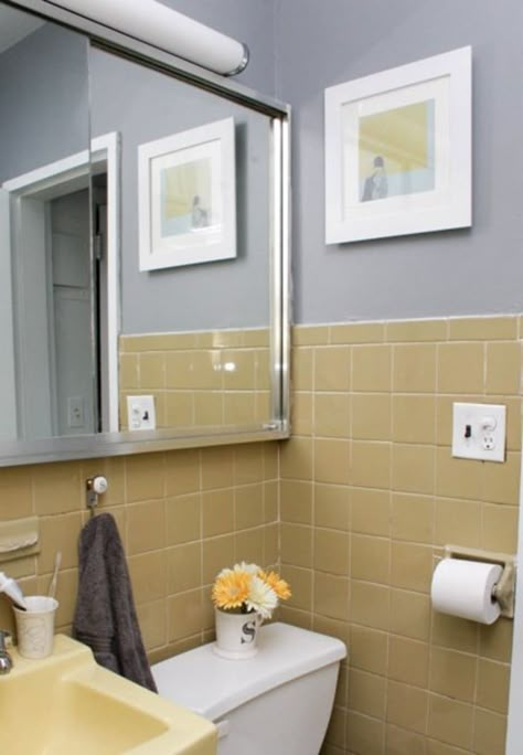 What Color Goes With Yellow, Yellow Tile Bathroom Ideas, Yellow Tile Bathroom, Vintage Yellow Bathroom, Yellow Bathroom Tiles, Yellow Bathroom Walls, Inexpensive Bathroom Remodel, Yellow Bathroom Decor, Yellow Bathroom