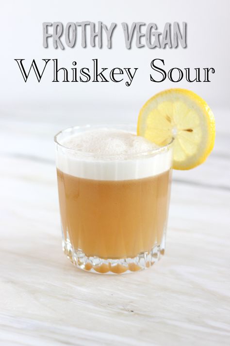 An unexpected egg white substitution called "Aquafaba" creates a deliciously frothy whiskey sour that is vegan and so simple to make. Whiskey Sour Egg White, Egg White Substitute, Whiskey Sour Cocktail, Cocktail Recipes For A Crowd, Vegan Cocktails, Whiskey Sour Recipe, Vodka Cocktails Recipes, Vegan Drinks, Sour Cocktail