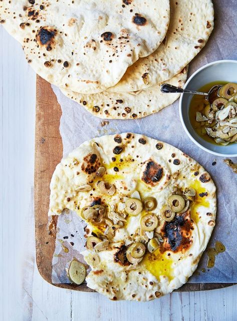 John Whaite Mediterranean flatbreads, made with garlic and olives, are the perfect start to dinner. Mediterranean Flatbread, Anchovy Recipes, Savory Bread Recipe, Homemade Flatbread, Olive Relish, Appetizer Ideas, Dinners To Make, Delicious Magazine, Flatbread Recipes