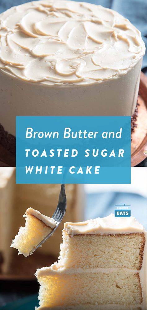 White Cake With Brown Butter and Toasted Sugar | This fluffy white cake may not be quick or easy, but ingredients like brown butter and toasted sugar are well worth the time to prepare, as they give its vanilla profile a wonderfully rich and complex depth. Despite the use of whole eggs rather than egg whites and dark ingredients like brown butter and caramelized sugar, it bakes up light enough to pass for a white cake, with an intense vanilla flavor to match. #cake #cakerecipes Brown Butter Vanilla Cake, Fluffy White Cake, Brown Butter Cake, Toasted Sugar, Creaming Method, Baking School, Toast In The Oven, White Cake Recipe, Cake White