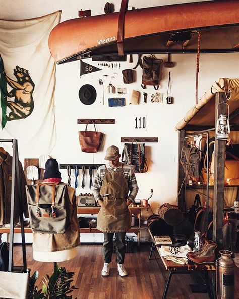 Mountain Shop Design, Imogene And Willie Store, Camp Store, Gear Room, Life Of Adventure, Camping Store, Camping Shop, Canvas Backpacks, Garage Studio