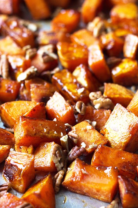 Maple Roasted Sweet Potatoes- these are lightly sweetened with maple syrup, spiced with cinnamon and have an optional crunch from pecans, YUM! | countrysidecravings.com Honey Roasted Butternut Squash, Maple Sweet Potatoes, Healthy Nutrition Plan, Holiday Side Dishes, Honey Roasted, Roasted Butternut Squash, Roasted Butternut, Squash Recipes, Thanksgiving Side Dishes