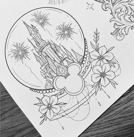 Floral Disney Castle Tattoo, Disneyworld Castle Tattoo, Encanto Tattoo Disney, Disney Leg Tattoos For Women, Disneyland Paris Tattoo, Floral Disney Tattoo, Disney Castle Sketch, Disney Flower Tattoo, Disney Half Sleeve Tattoo