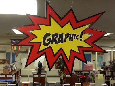 Graphic Novel Signage Graphic Novel Display, School Library Book Displays, Librarian Ideas, Media Center Ideas, School Library Decor, Library Decorations, Library Signage, Library Resources, School Library Design