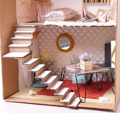 Making a dollhouse from reused materials? Build stairs out of a cardboard box Cardboard Box Dollhouse Diy, Houses Out Of Cardboard Boxes, Miniature Stairs Diy How To Make, Crafts To Do With Cardboard Boxes, Cardboard Box Dollhouse, Cardboard Stairs Diy, Diy Doll House Furniture Easy Cardboard, Dollhouse Stairs Diy, Cardboard Stairs