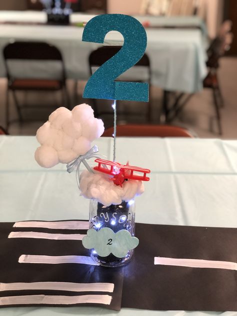 Airplane Birthday Centerpieces, Airplane Centerpieces, Airplane Centerpiece Ideas, Cloud Centerpiece, Airplane Birthday Theme, First Birthday Centerpieces, Planes Birthday Party, Planes Birthday, Transportation Birthday