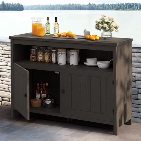 Moasis 44" Outdoor Sideboard Patio Console Table with Storage Cabinet and Shelves - On Sale - Bed Bath & Beyond - 41063640 Outdoor Sideboard, Living Console, Console Table With Shelves, Cabinet And Shelves, Modern Buffet Cabinet, Outdoor Buffet, Table With Shelves, Console Table With Storage, Shelves And Storage