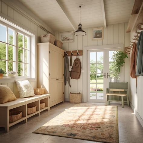 Enter 'Glowing Gateways', where each farmhouse mud room becomes more than just a passageway—it's a sunlit sanctuary. Bathed in the gentle glow of natural light, these spaces reflect the authentic spirit of farmhouse design, where practicality meets sheer beauty. The subtle interplay of sun rays with whitewashed woods and vintage accents creates a serene ambiance, making each entrance and exit a moment of tranquil reflection. 'Glowing Gateways' celebrates these intimate nooks, weaving together th Sunroom With Mudroom, Modern Farmhouse Breezeway, Mud Room In Sunroom, Sun Mud Room, Mudroom Den Combo, Mud Room Sun Porch, Large Breezeway Ideas Enclosed, Cottage Mudroom Entrance, Mudroom/sunroom Combo