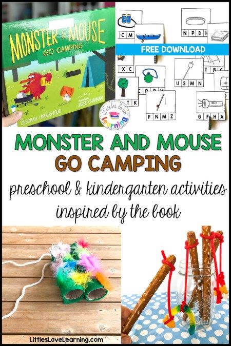 Preschool camping activities that go along with the children's book Monster and Mouse Go Camping by Deborah Underwood. Post includes a snack (pretzel rod fishing poles), a craft (DIY binoculars made out of toilet paper rolls), and a FREE printable (beginning letter sounds clip cards that come in color and black/white) These fun ideas can be used at home for kids or in your classroom with students. Great if you're doing a camping theme...add these to your lesson plan today! Preschool Camping Activities, Diy Binoculars, Preschool Camping, Dolphin Craft, Book Monster, Camping Preschool, Camping Theme Preschool, Beginning Letter Sounds, Prek Literacy